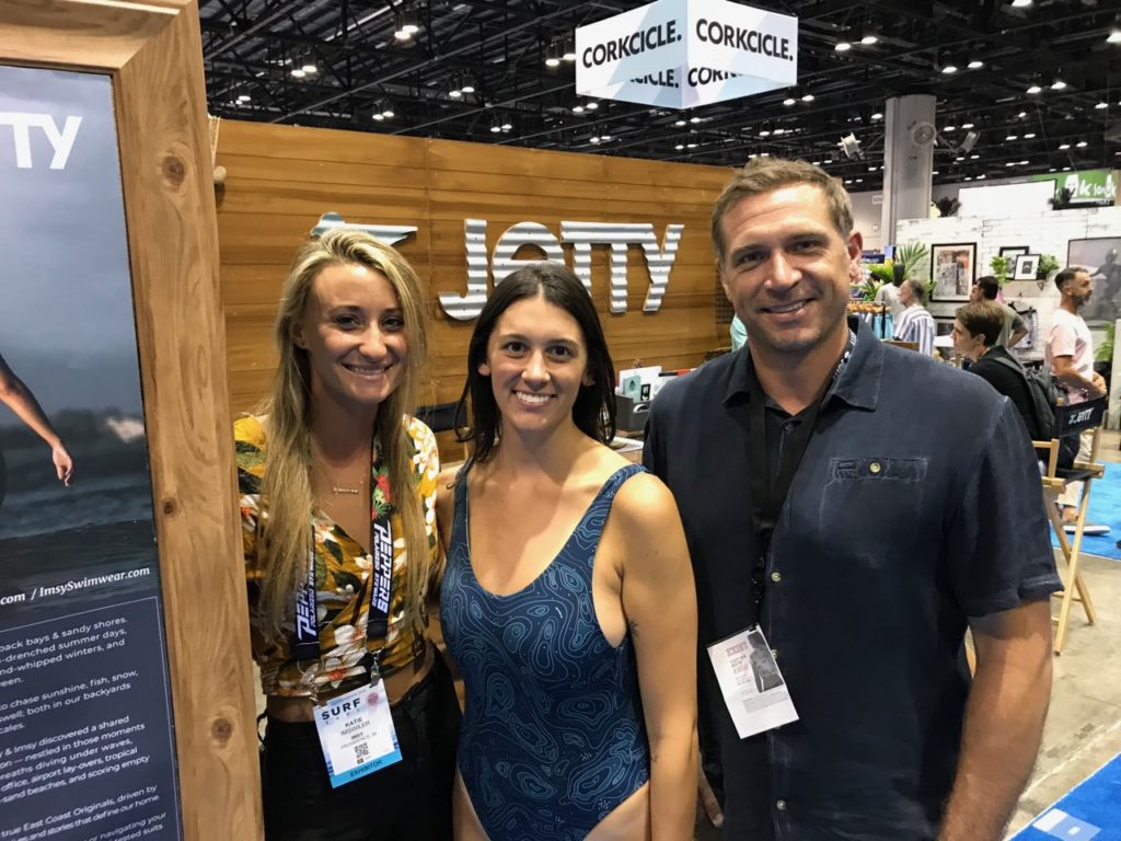 Katie Imswiler of Imsy, model Adrienne Ruberti, and Cory Higgins of Jetty. The swimsuit is a collaboration between Imsy and Jetty.
