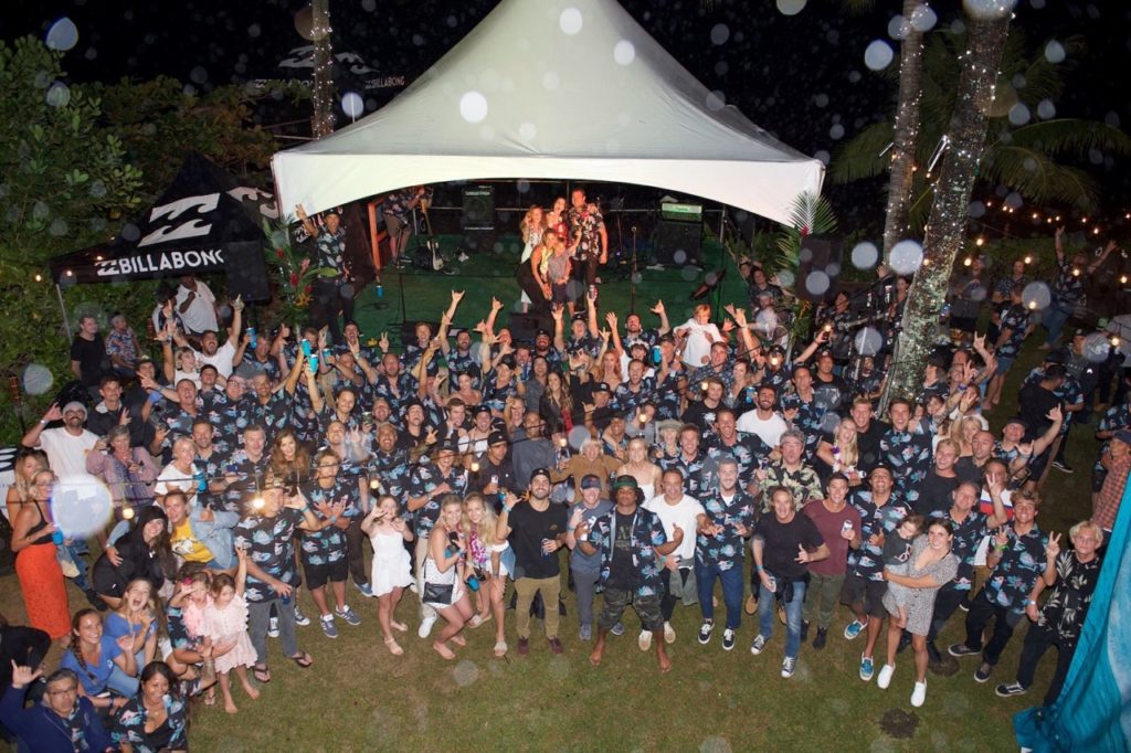 A group shot at the retirement party. The coordinated shirts feature a special print honoring Joel's wins on the tour over the years.