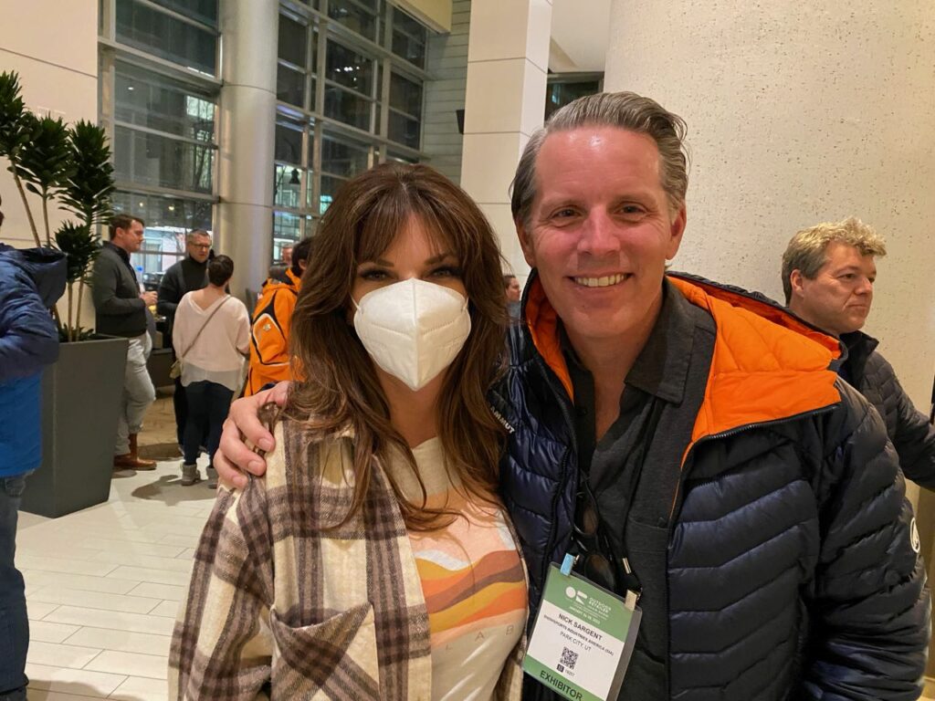 Adrienne Belk of Surf Expo and Nick Sargent of SIA in the Hyatt lobby