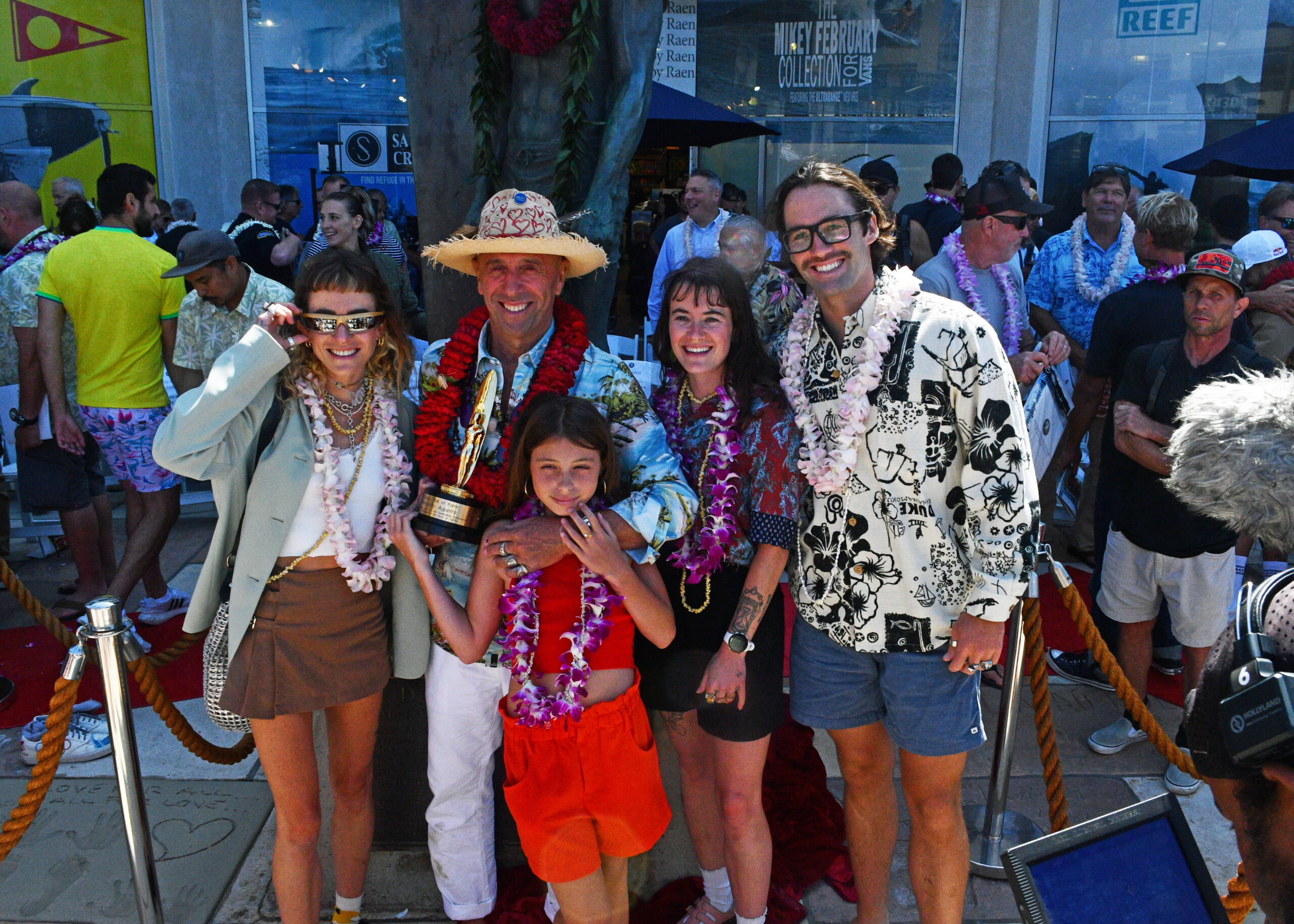 Fernando Aguerre with his family during the Surfers' Hall of Fame 2023 induction ceremony in Huntington Beach.