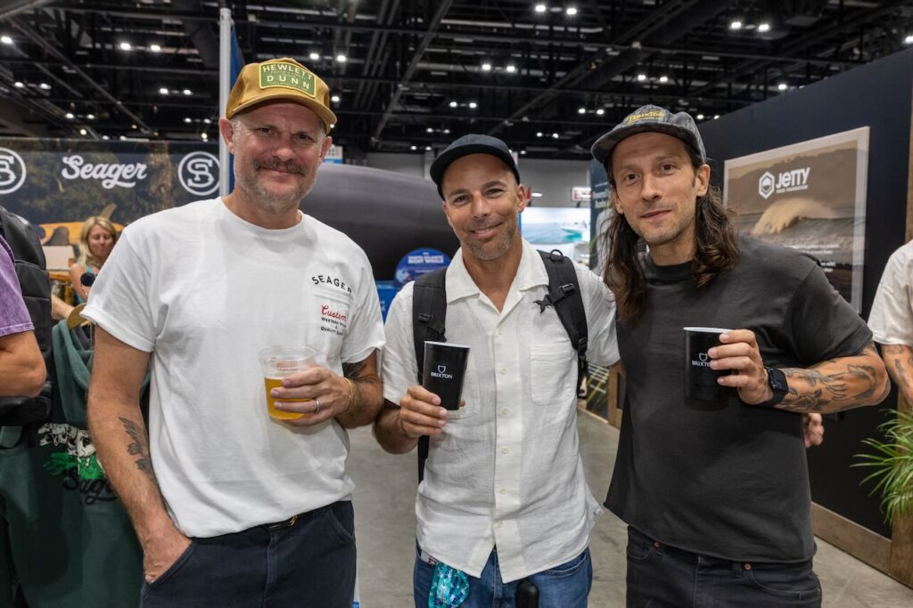A Vans reunion: Brian Cook, now with Seager, Bobby Gascon, now with Tilly's, Kevin Casillo, now with Brixton. Photo courtesy of Surf Expo.