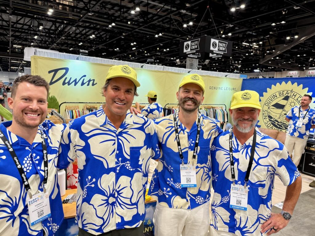 The growing Duvin team: Co-founder and COO Garrett Watzka, product and design consultant Shawn Peterson who just left Rip Curl as VP of product, Co-founder and Creative Director Austin Duvall, and fractional VP of Sales Snowy Lonsway, an industry sales vet who has joined Duvin as well. Photo by SESO.