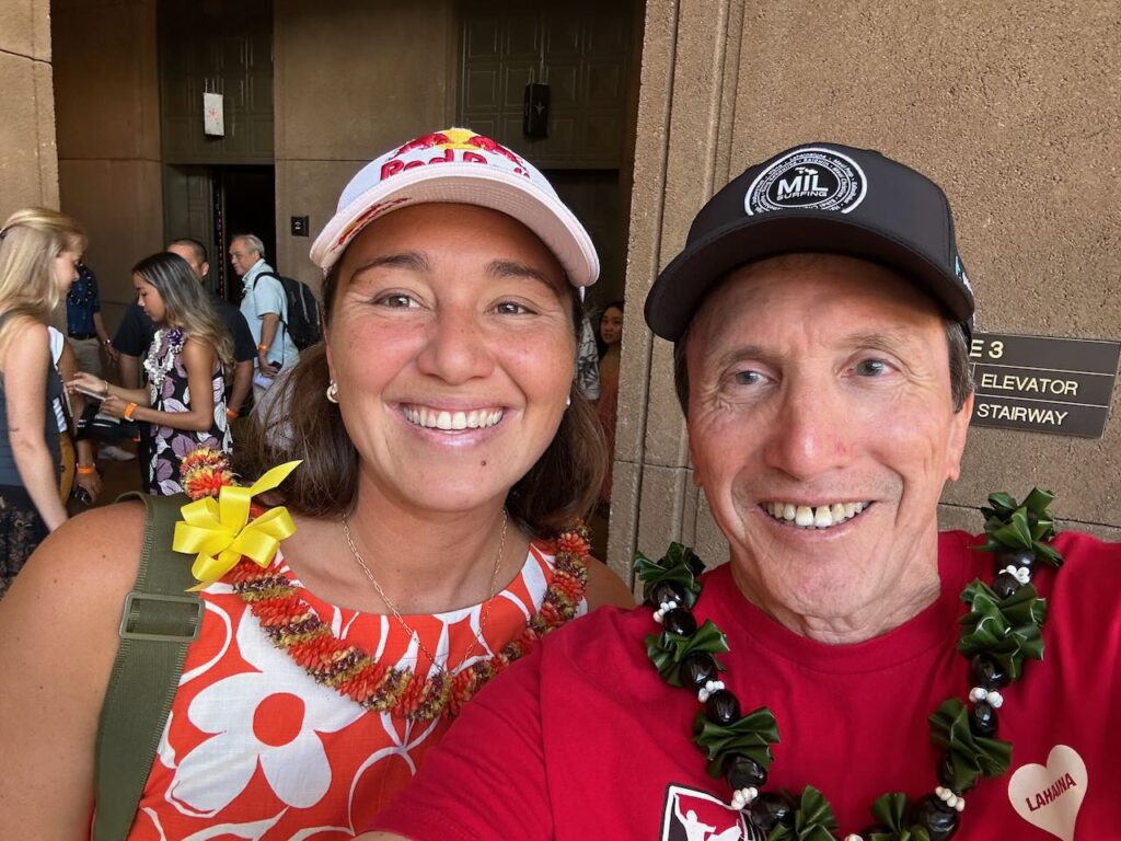 Carissa Moore and Kim Ball at Hawaii Governor Josh Green's press conference Monday. Photo courtesy of Kim Ball.