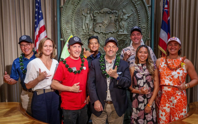 Kim Ball of Hi-Tech Surf Sports and Hawaii Governor Josh Green.