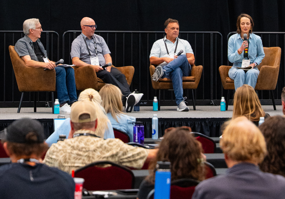 Greg Thomsen, former managing director at adidas Outdoor USA, Christy Sports CEO Pete LaBore, Water Stone Outdoors owner Holly Fussell, and Locally founder and CEO Mike Massey at Outdoor Retailer’s Industry Day. Photo courtesy of Outdoor Retailer.