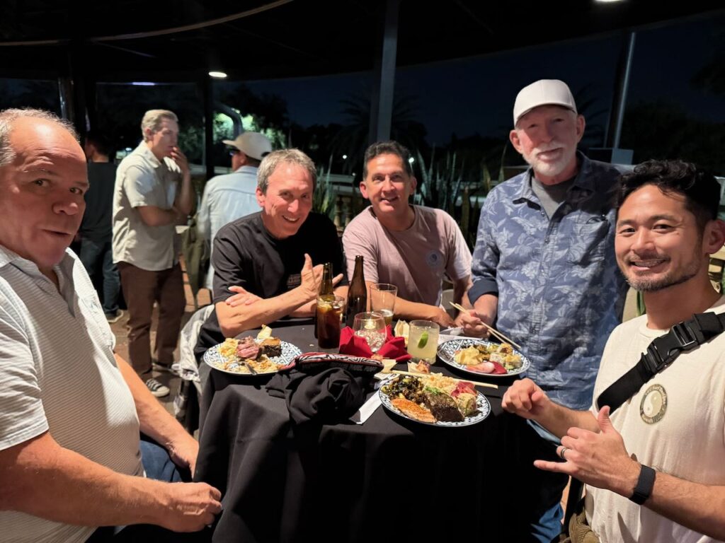 Retail power table at the Katin party: Bill Dreibelbis of Quiet Storm, Kim Ball of Hi-Tech, Adam Borrello of T&C, Dave Nash of Sun Diego, Ryan Sugihara of T&C.