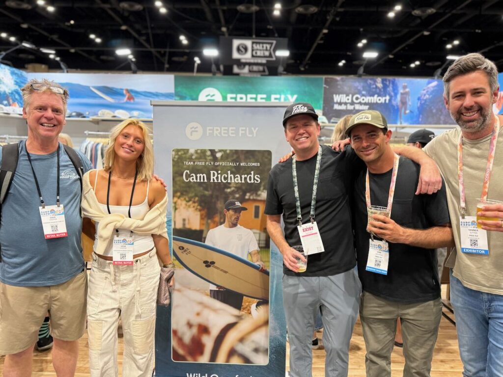 Cinnamon Rainbows Dave Cropper with daughter, Veda, and Free Fly's Mike Reilly, newly signed surfer Cam Richards, and Tanner Sutton.