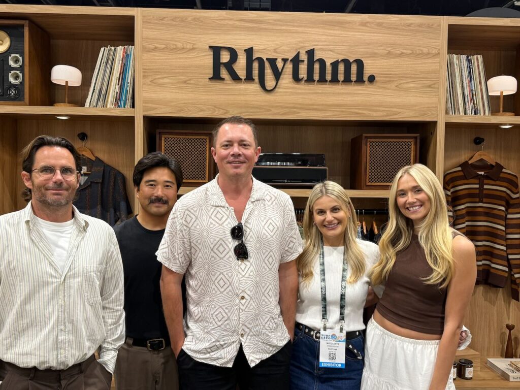 Rhythm doubled its space at the show by bringing separate booths for men and women. In the men's booth: Jacob Byrne, Marc Yamaoka, Josh Barrett, Nicolette Moghadam, Kadie Sparks. 