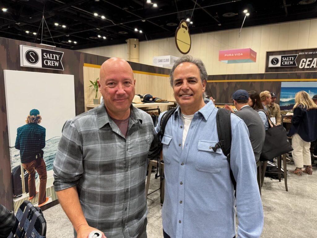 Jason Shelton of Salty Crew and George Karamitos of Maui Nix. Salty Crew launched its line at the show and has 100 appointments booked.