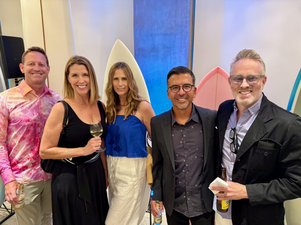 Mike Matey of Reef with wife, Amy; Nanette De La Pena with husband, Vinnie, of Vissla; super attorney Greg Weisman. Photo by SESO.