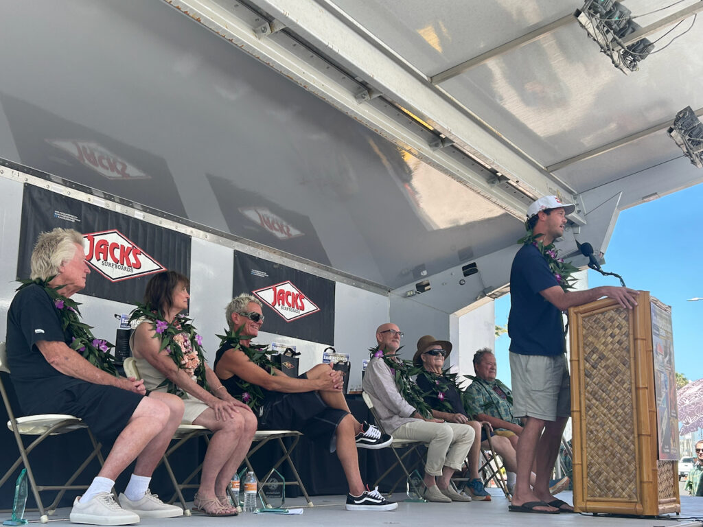 Jordy Smith speaking at the Surfing Walk of Fame festivities. Photo by SESO.