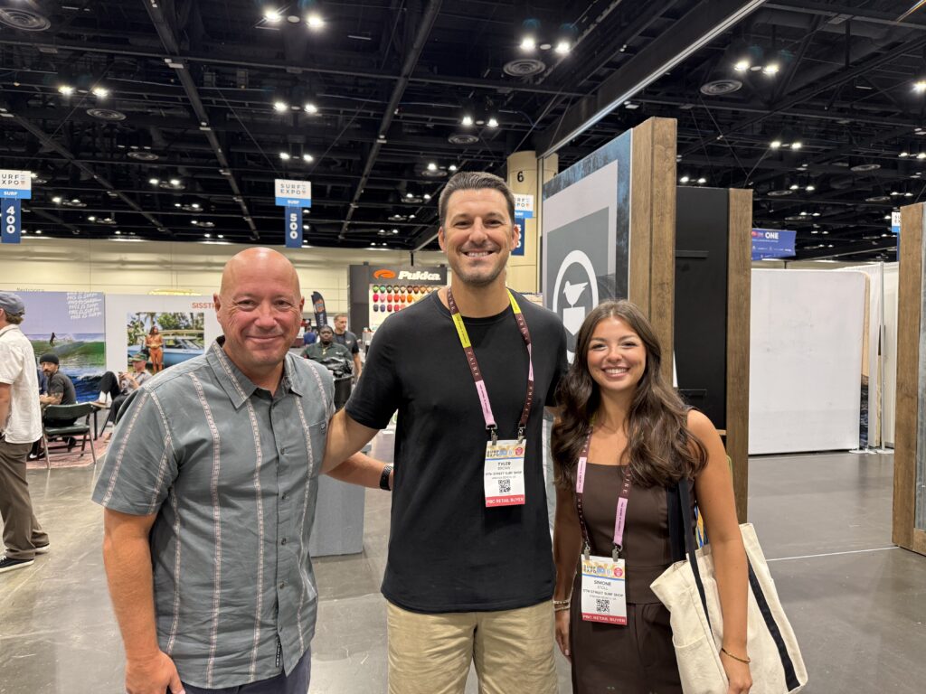 Salty Crew's Jason Shelton with Tyler Brown and Simone Stoll of 17th Street Surf Shop. Photo by SESO.