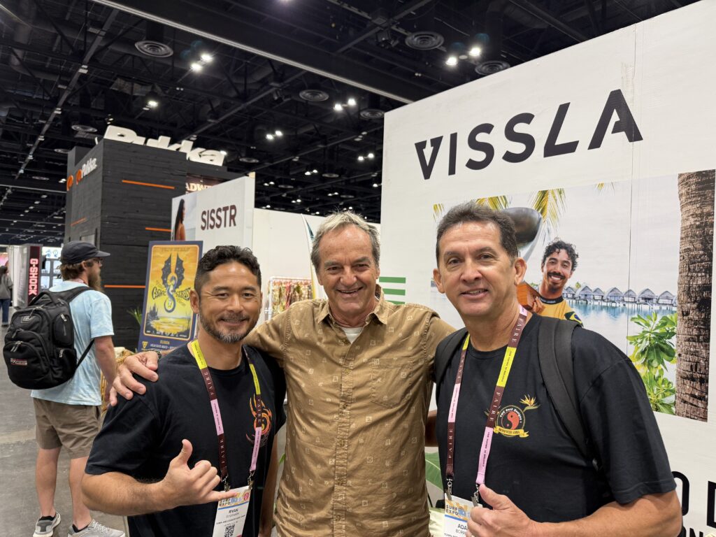 Ryan Sugihara of T&C Surf, Paul Naude of Vissla and Sisstr, and Adam Borrello of T&C. Photo by SESO.