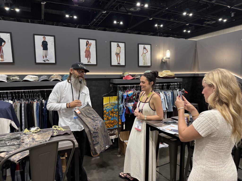 Content creators and buyers for Island Water Sports getting the run down on Rusty boardshorts. Photo by SESO.