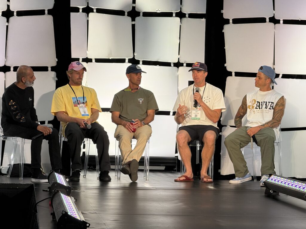 The panel “For Surfers, By Surfers,” left to right: moderator Vipe Desai, Kolohe Andino, CJ Hobgood, Jamie O'Brien and Kekoa Cazimero. Photo by SESO.