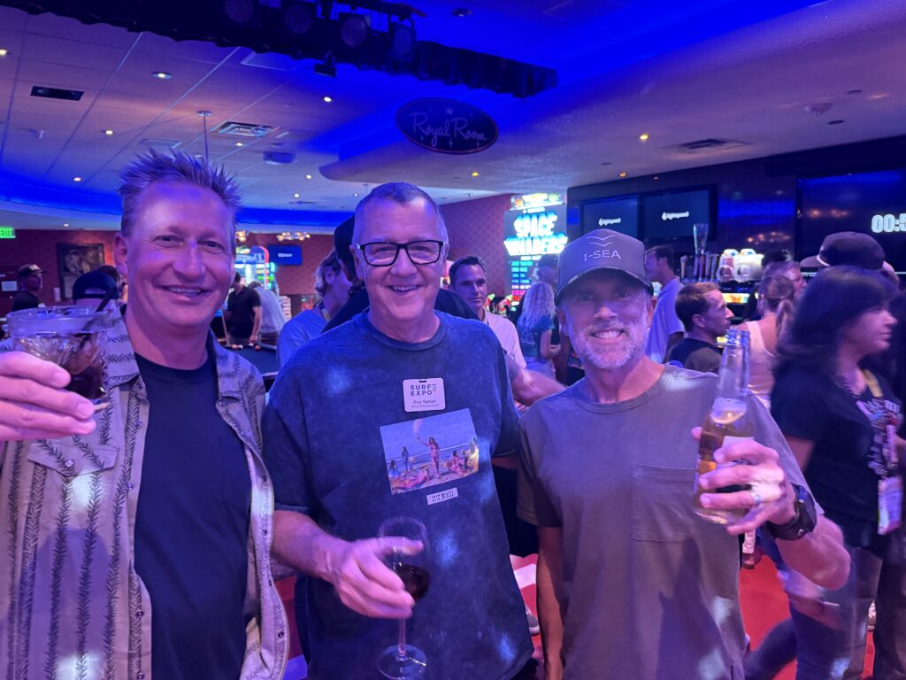 Don Dyer of I-SEA, Roy Turner of Surf Expo and Dutch Schultz of I-SEA at the Surf Expo Industry Party. Photo by SESO.
