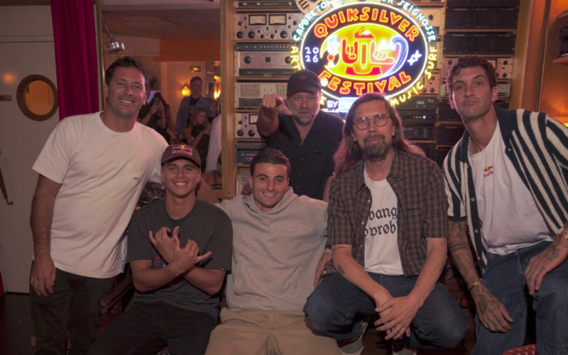 S U R F I N G ,Left to right: Jeremy Flores, Kauli Vaast, Vincent Milou, So Me, Pedro Winter and Matthias Dandois at the Quiksilver Festival launch.