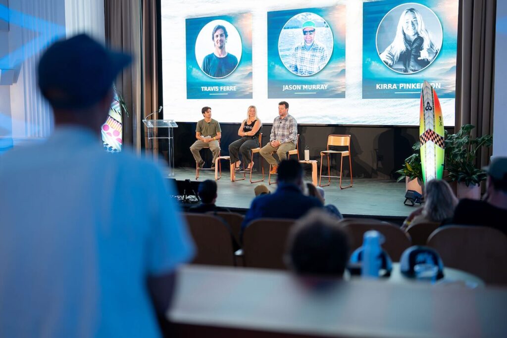 Inherent Bummer Editor in Chief Travis Ferre, professional surfer Kirra Pinkerton and Natural Selection Tour GM of Surf Partnerships Jason Murray discuss "Beyond the Comfort Zone: Leadership When Conditions Get Heavy." Photo by Dipan Desai Photography.