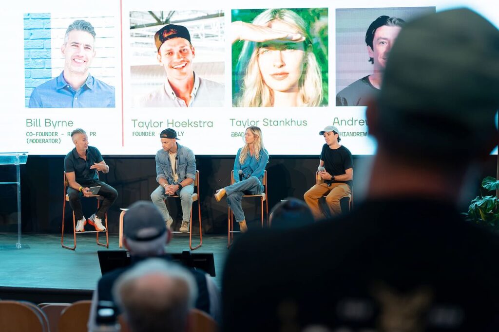 From left, Remedy Public Relations EVP Bill Byrne moderates "Authenticity, Brand & Creators: The Evolution of Your PR Strategy" with Popfly Founder and CEO Taylor Hoekstra and creators Taylor Stankhus and Andrew Riojas at the 2026 SIMA Super Summit in Laguna Beach. Photo by Dipan Desai Photography.