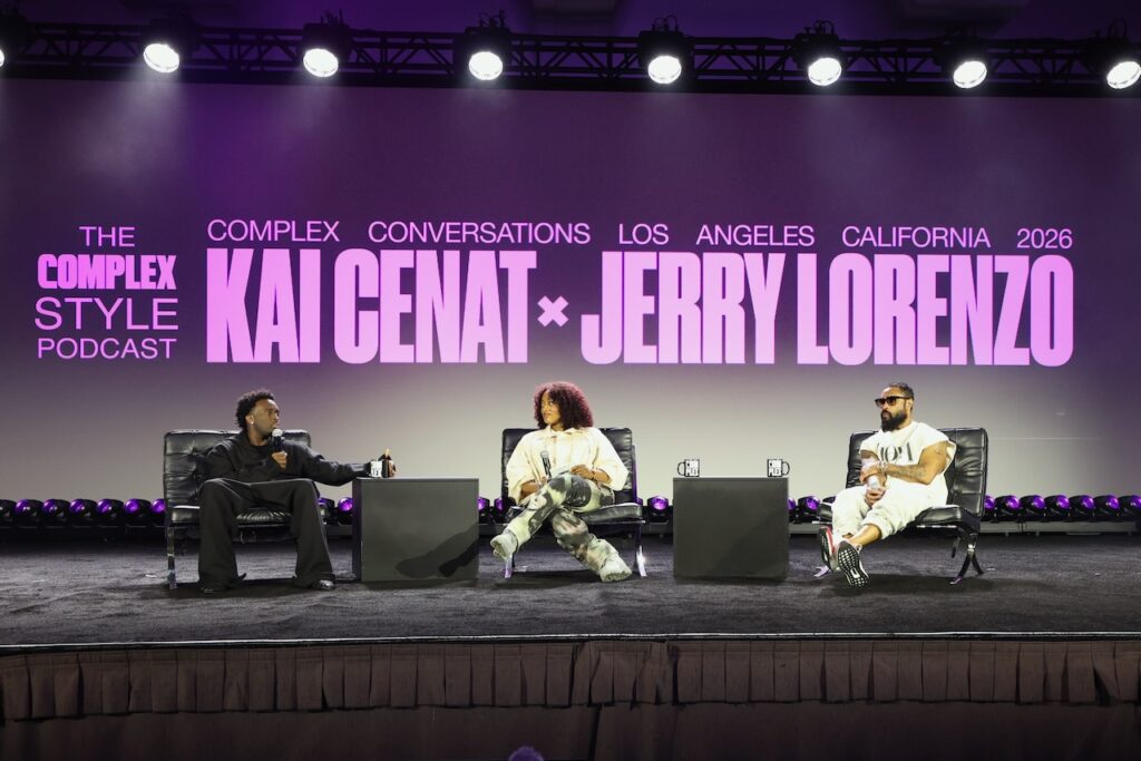 LOS ANGELES, CALIFORNIA - OCTOBER 03: (L-R) Kai Cenat, Aria Hughes and Jerry Lorenzo speak onstage at 'The Complex Style Podcast' Conversation at the ComplexCon(versations) Stage during the ComplexCon 2026 10-Year Anniversary Festival at The Los Angeles Convention Center on October 03, 2026 in Los Angeles, California. (Photo by Monica Schipper/Getty Images for Complex)