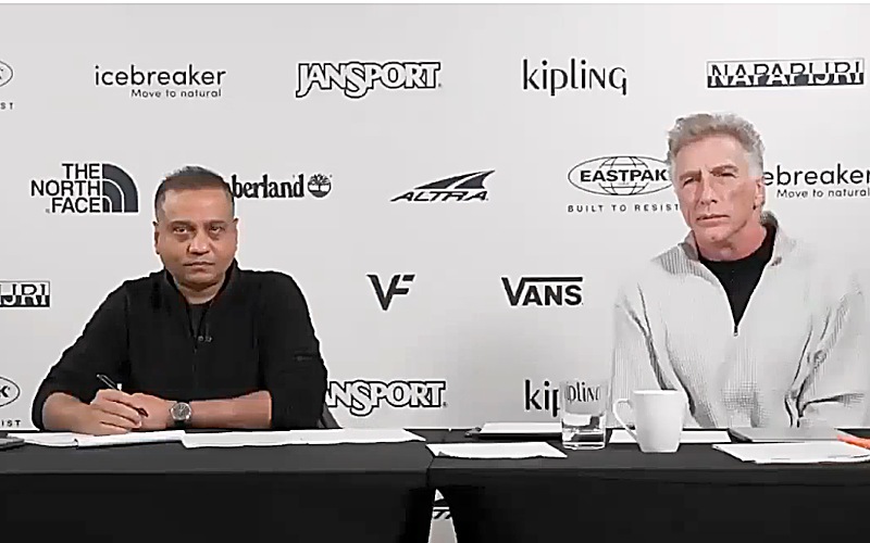 VF Chief Financial Officer and Chief Operating Officer Abhishek Dalmia (left) and President and CEO Bracken Darrell (right) during VF Corporation’s second-quarter fiscal 2027 earnings call on Oct. 28, 2026. Photo from VF Corporation’s earnings webcast.